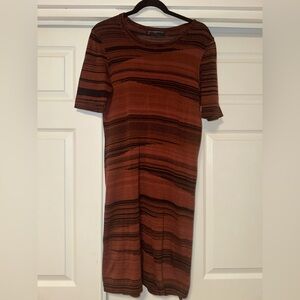 Peruvian Connection Earthy Brown Black Striped Midi Sweater Dress